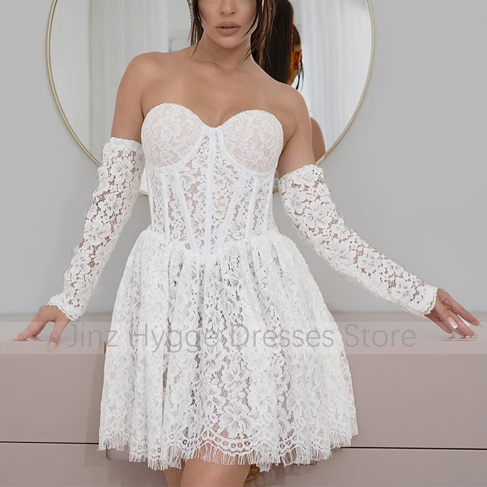 Ivory Lace Wedding Dress Short Sweetheart A Line Mini Wedding Gowns with Detachable Sleeves Vestido de Novia Robe de Mariée 2024