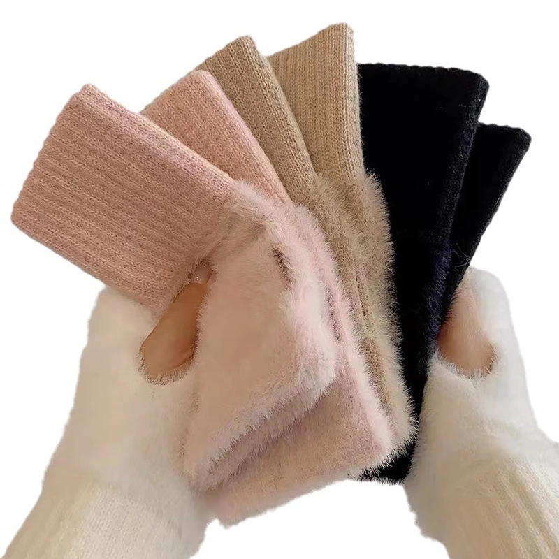 C.New S Winter Mink Fleece Soft Gloves Women Luxury Solid Warm Fingerless Gloves White Plush Knitted Wrist Mittens