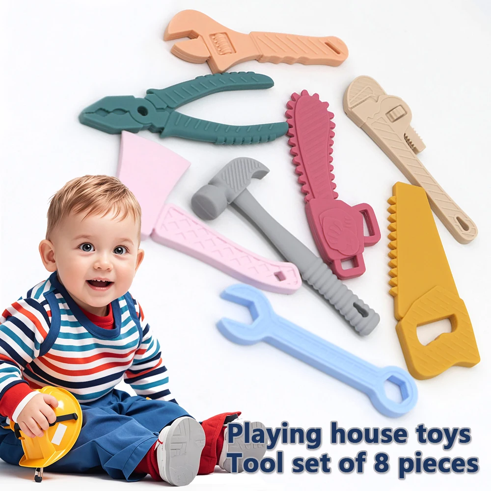 

6/8PCS Soothing Teether Simulation Silicone Saw Wrench Pliers Gum Teething Safe Boilable Set Gift