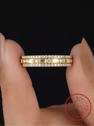 925 Sterling Silver Golden Simpe Rectangular Round Zircon Ring For Women Engagement Wedding Luxury High Quality Fine Jewelry