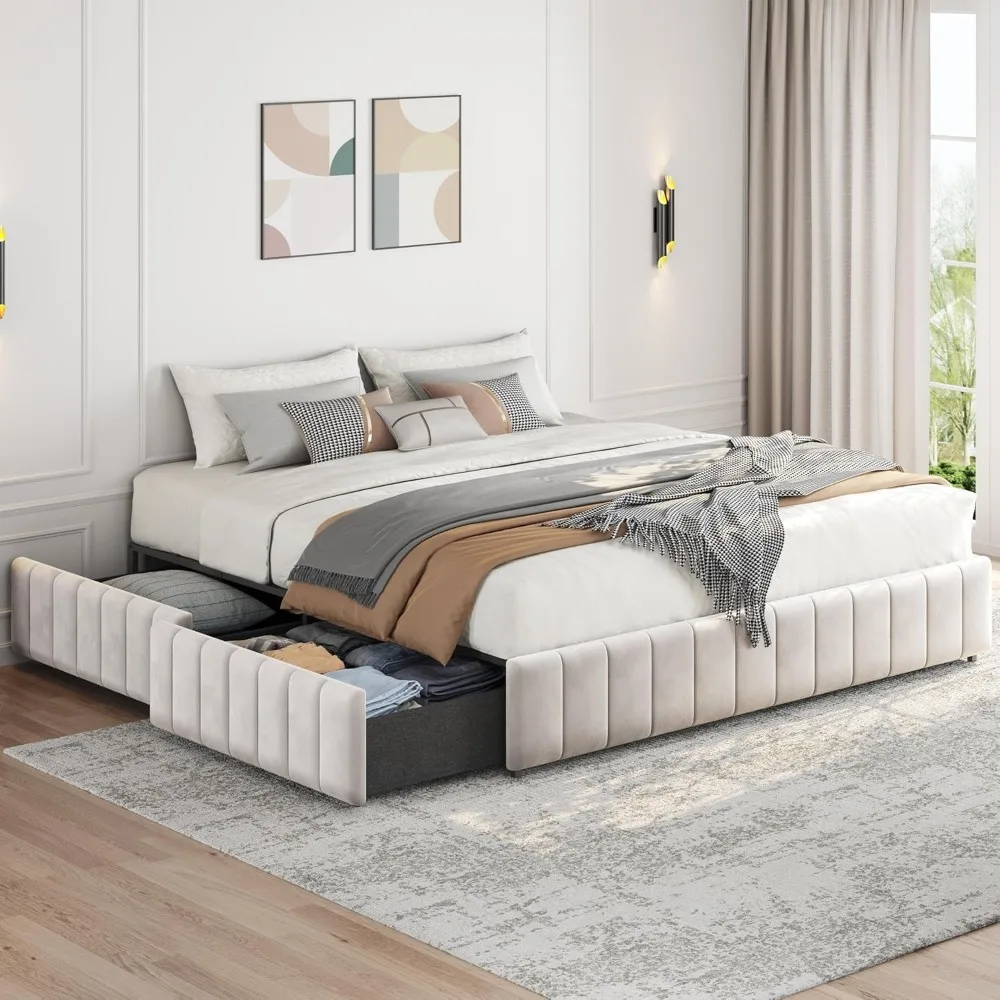 King Bed Frame Upholstered Platform Bed with 4 Storage Drawers, Storage Space/Strong Wooden Slats/Non-Slip Needed/Beige King Bed