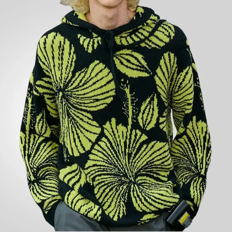 

Men Pullovers Knitted Sweaters Hooded Top Coat Full Sleeve Print Knit Coats Regular Splice Casual Loose Autumn Winter 2025 New