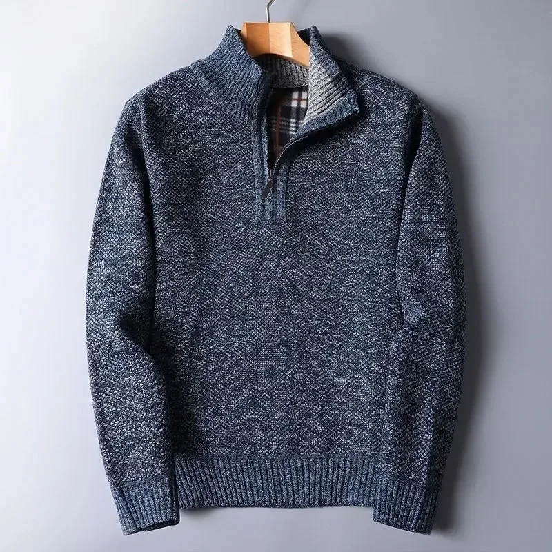 

Autumn Winter Men's Padded Sweater Mock Neck Half Zipper Warm Thickened Solid Color Casual Pullovers Male Fashion Knitwear