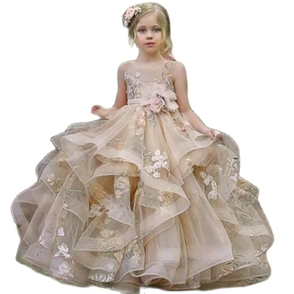 

Champagne Flower Girl Dresses with Sash Lace Appliques Custom Made Ball Gown First Communion Dresses for Girls Elegant Hot Sale