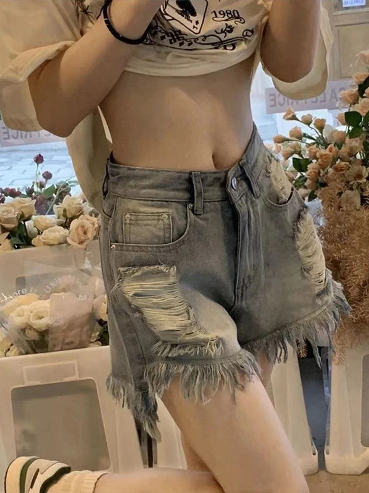 

Retro Hole Women Denim Shorts Summer Tassel Vintage High Waist Female Jeans Straight Streetwear Hotsweet Loose Ladies Hot Shorts