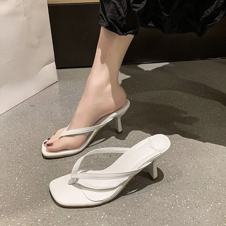 2023Thin Low Heel Women Slipper Summer Outdoor Narrow Band Beach Slides Shoes Fashion White Ladies Dress Sandals Shoe