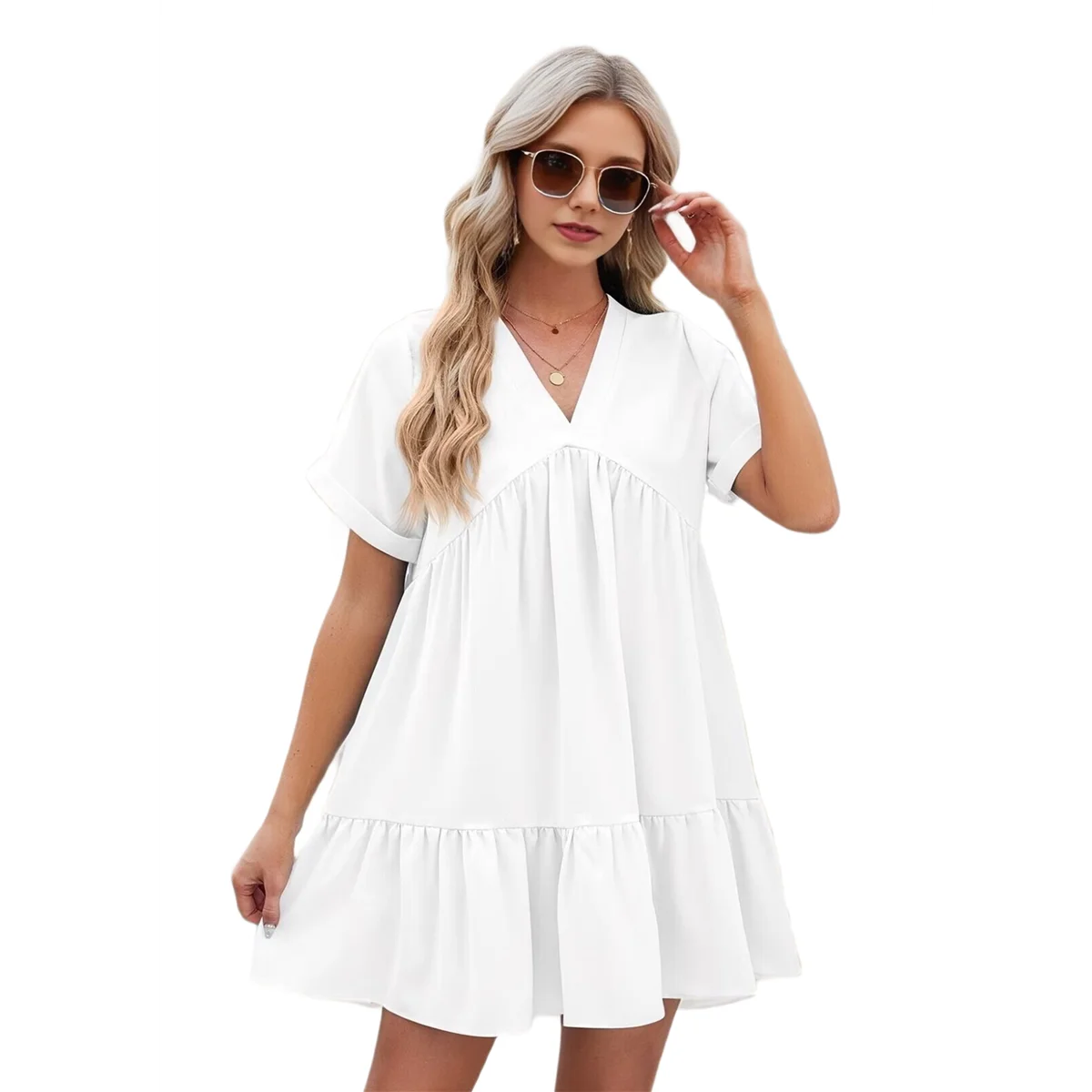 สตรีแขนสั้น V คอ Ruffle Hem Solid Swing Smock ชุดลําลองหลวม Fit ชุดมินิฤดูร้อน Beach Wear