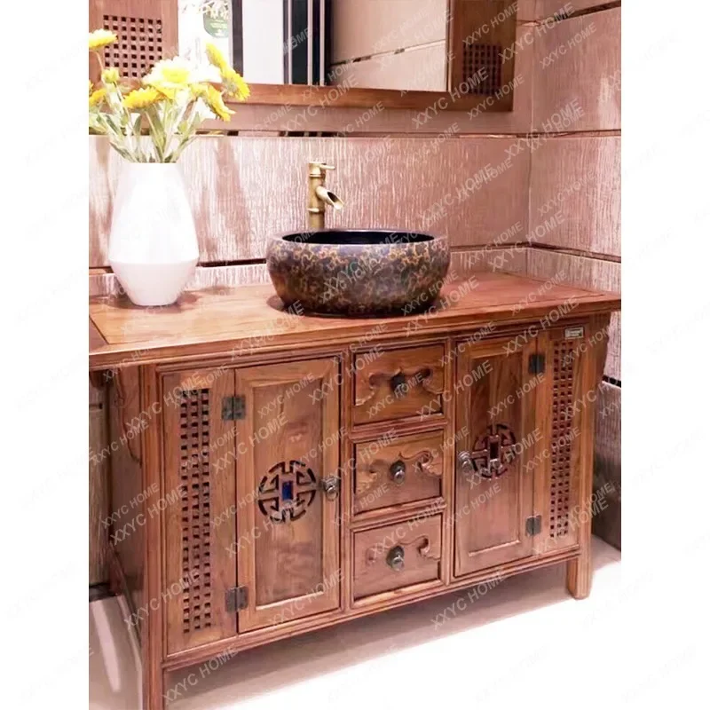 in Chinese Antique Style Solid Wood Bathroom Bathroom Cabinet Combination Hand Washing Washstand