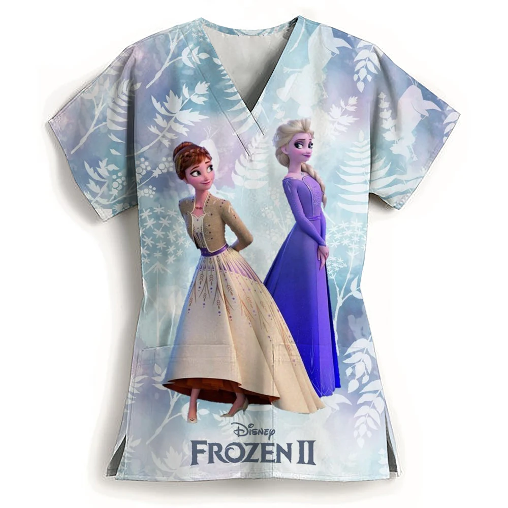 Disney Uniform Women's Cartoon Disney Princess Print Frozen Elsa Nurse Work Shirt Pocket Gown Christmas Healthcare Nurse Scrubs