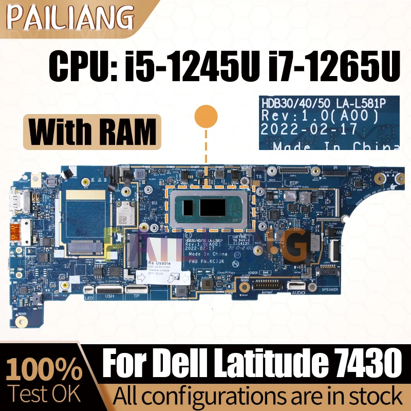 For Dell Latitude 7430 Notebook Mainboard LA-L581P 05423Y 0G8YFK i5-1245U i7-1265U With RAM Laptop Motherboard Full Tested