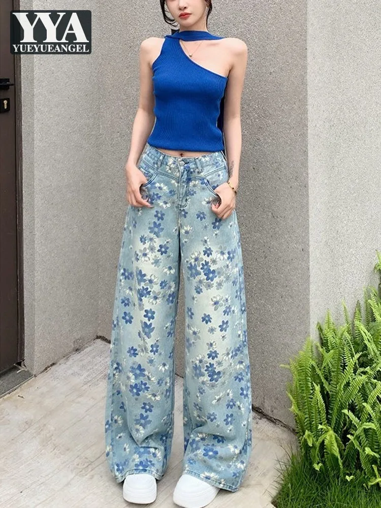 

Designer Female Spring Printed Jeans Straight High Waist Loose Fit Casual Denim Pant Fashion Top Quality Ladies Wide Leg Pants
