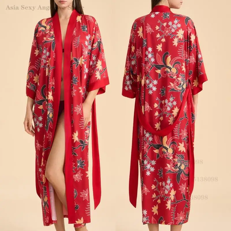 

Sexy Female Long Robe Home Dress Wedding Print Flower Bathrobe Kimono Gown Elegant Satin Sleepwear Oversize Nightgown Loungewear