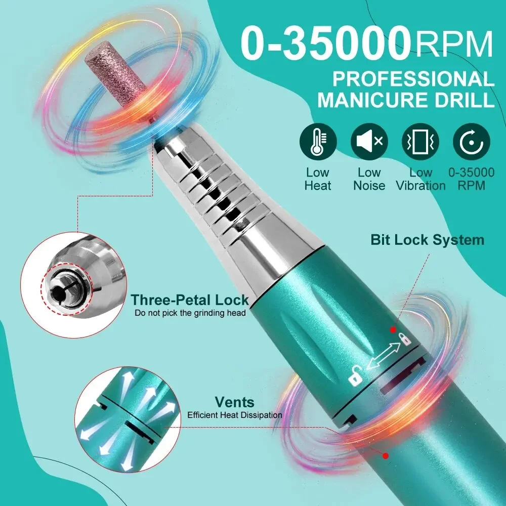 Professional 35000RPM Portable Electric Nail Drill Machine Display Nails Sander For Acrylic Gel Polish Rechargeable Nail Tools