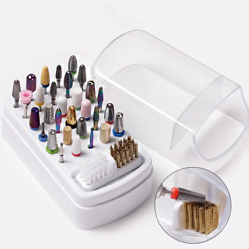 Lagerung Box 2-in-1 Nail art Bohrer Schleifen Lagerung Halter Polnischen Kopf Bit Reinigen Die Maniküre Schleifen kopf Pinsel Display 30 Löcher