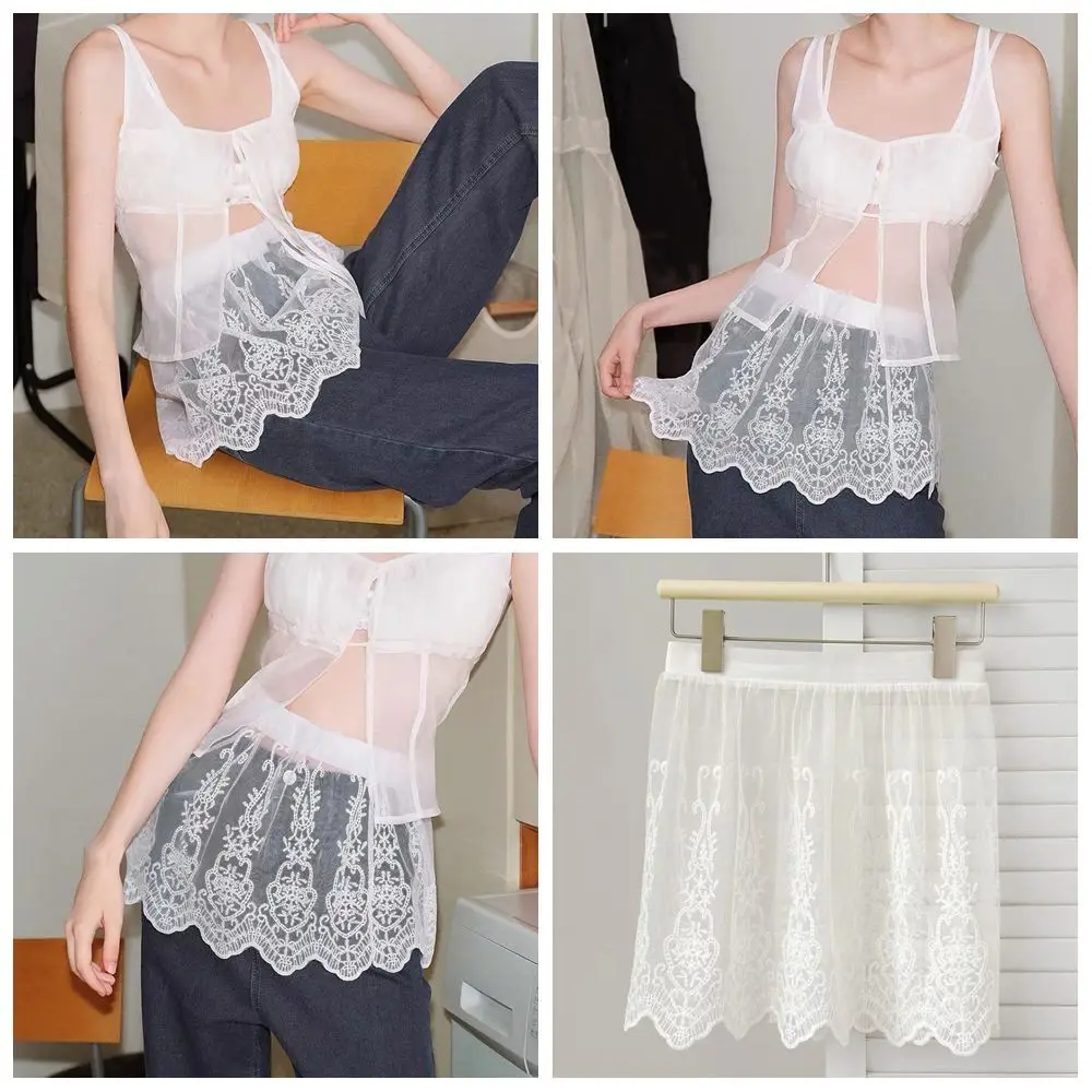 

Новая мини-юбка с вышивкой и кружевом в стиле Y2K, уличная мода Харадзюку, с рюшами и шнуровкой, прозрачная, с декоративной вставкой на ягодицах, украшенная джинсовой отделкой