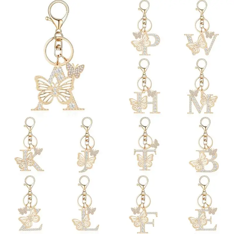 Exquisite Women Capital Letters Charms Keychain Initial 26 A-Z Butterfly Rhinestone Keyring Bag Decoration Pendant Girl Gift