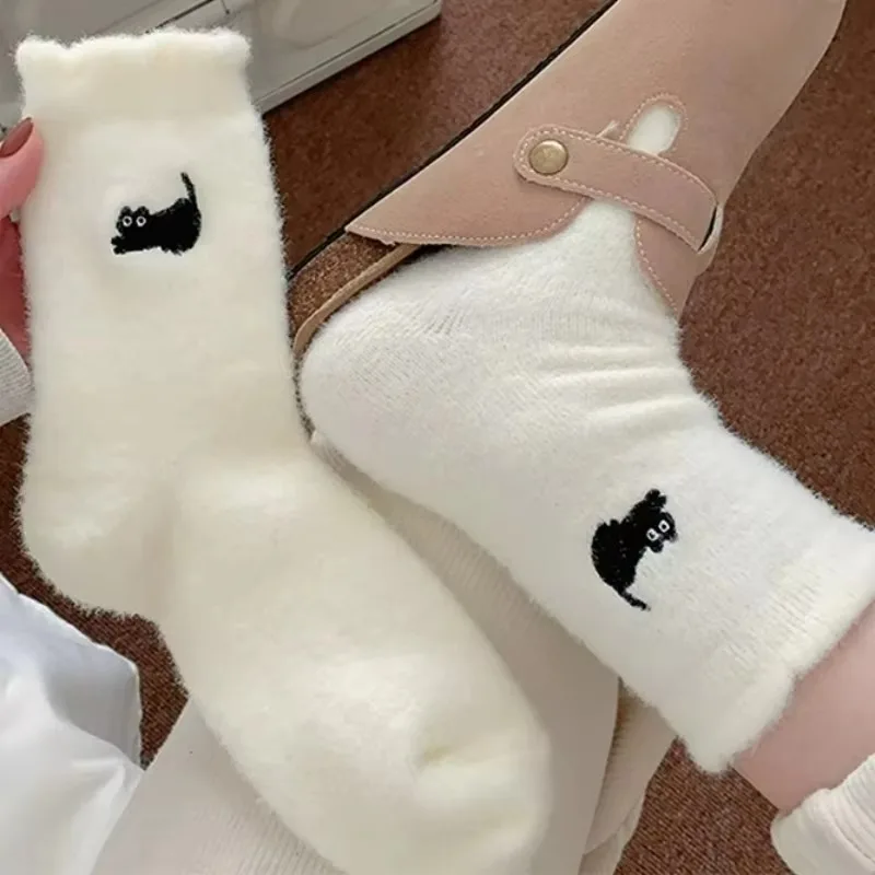 Cute Cat Plush Sock Winter Women Girls Thickened Warm White Middle Tube Socks Fashion Daily Soft Comfortable Sleep Floor Socks