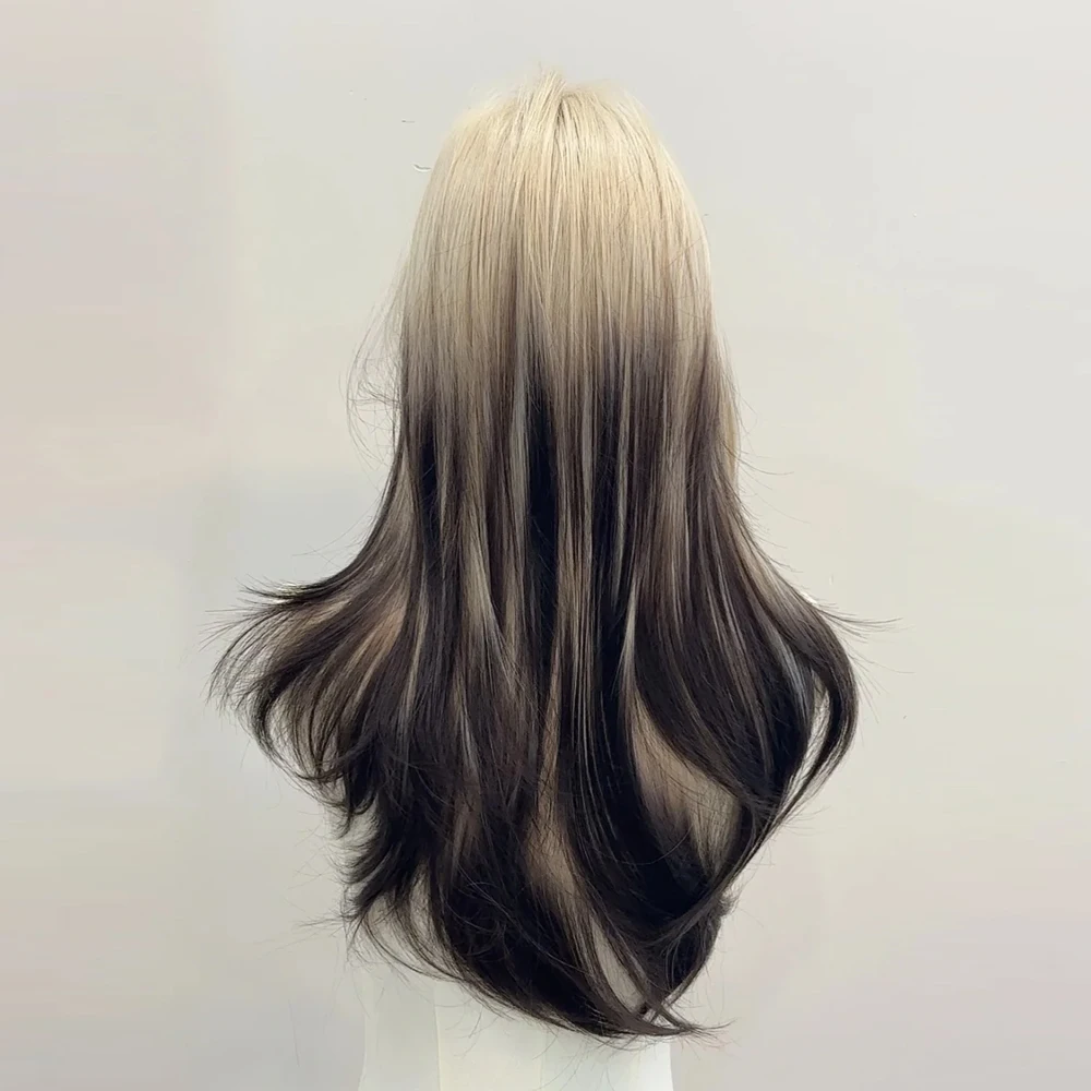 Ombre Blonde Black Synthetic Layered Wig for Lolita Cosplay Daily Party Women Long Straight Wig with Bangs image 2
