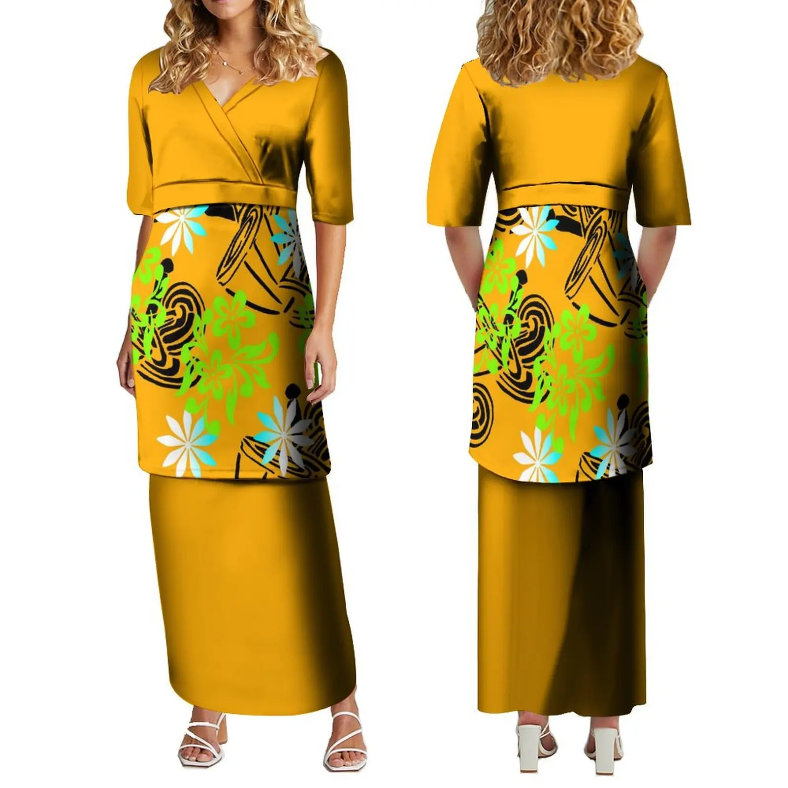 Polynesian Puletasi Elegant V-Neck Skirt Samoan Top And Skirt Fijian Style Island Double Suit Skirt 2024 New Fashion