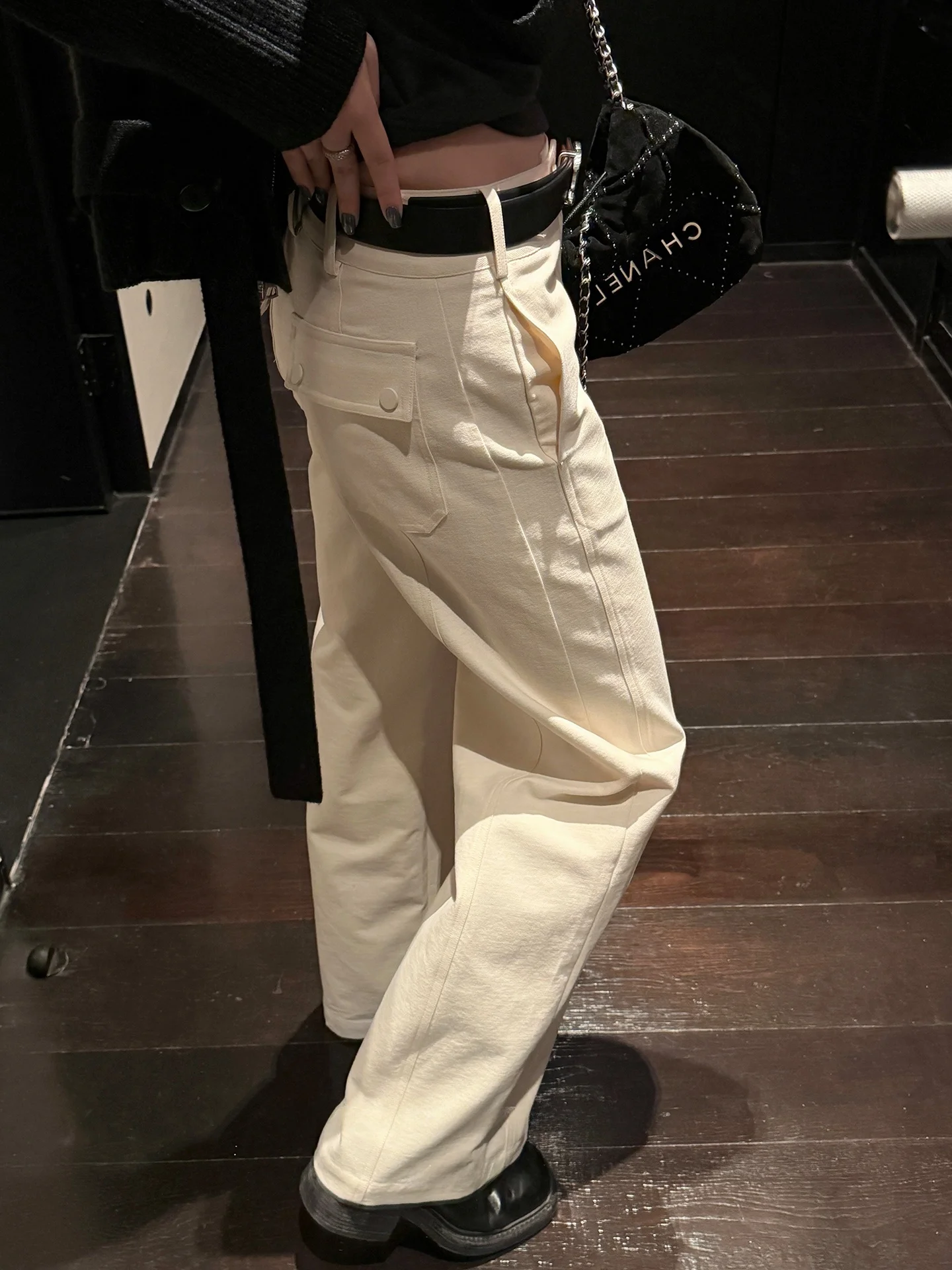 

Heydle Casual Pants with Pocket Design Loose Straight Leg White Color Lazy Style Women's Premium Feeling Long Trousers