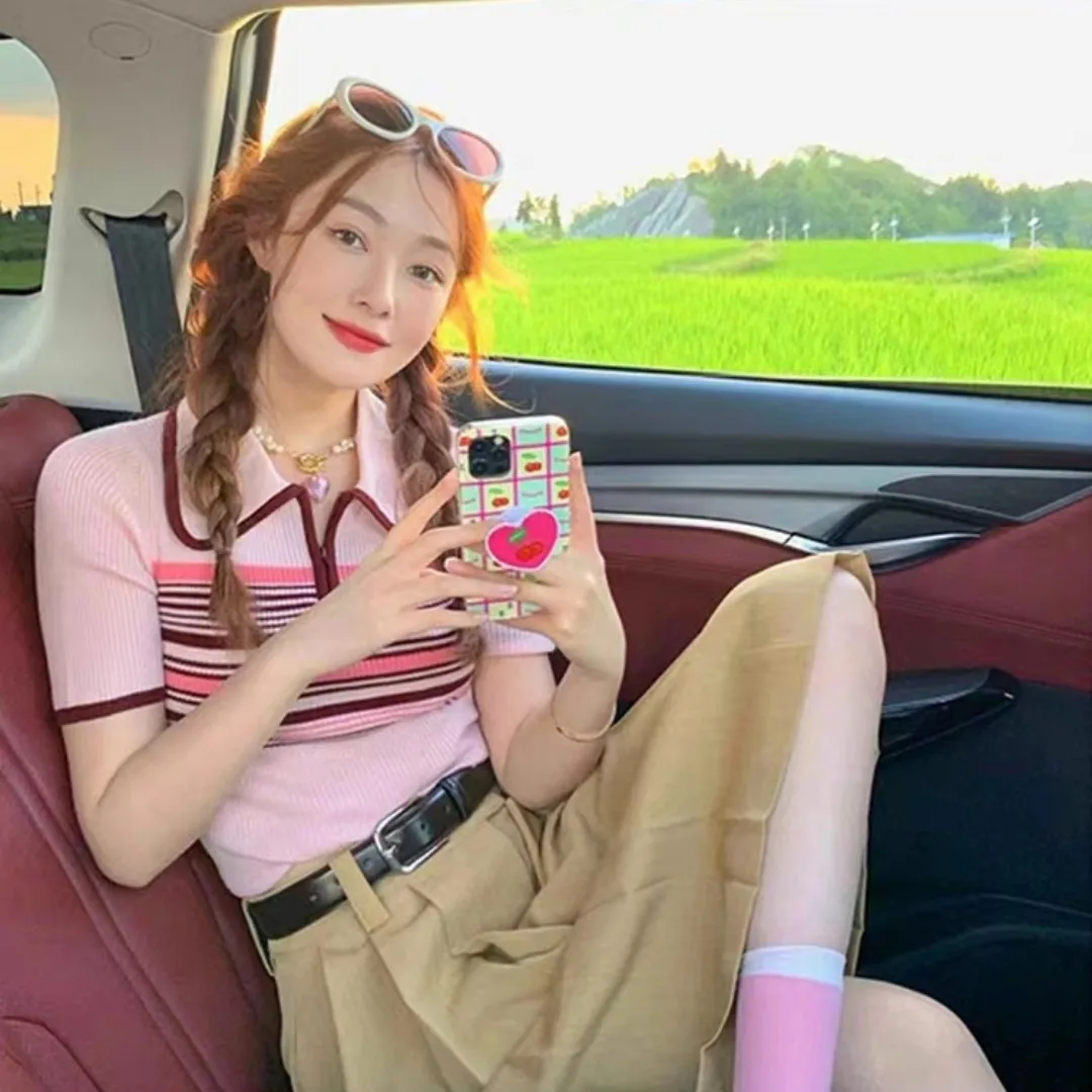 Amerikaanse retro oulderlengte ort Sve dames T-shirt zomer nieuwe kleine maat Hong Kong Sle chique roze top