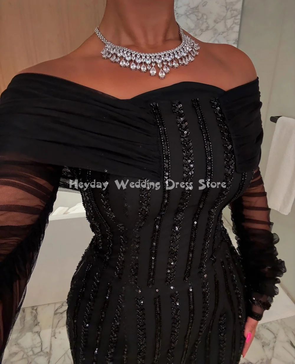 ヘイデイ レディース クレープ バトーネック ビーズ刺繍 フリル シースライン アンクル丈 イブニングドレス チュールロングスリーブ エレガントドレス 2025