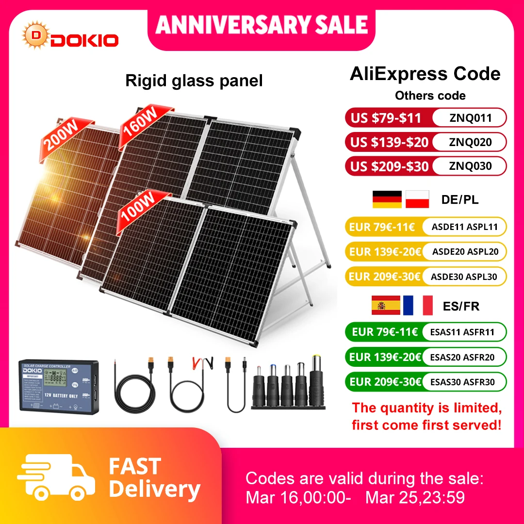Dokio 100W 160W 200W Foldable Solar Panel China 10A/20A 12V Controller Folding Solar Panel Cell/System Charger Solar Panel