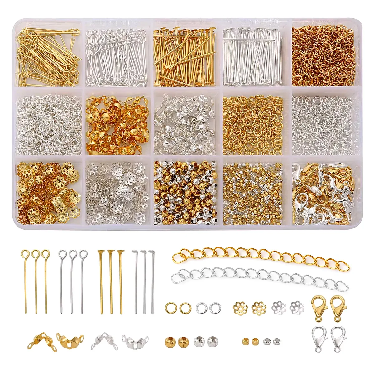 

1260Pcs Jewelry Making Kit Bulk Alloy Findings Set Lobster Clasps Jump Rings Head Pins Chains DIY Earring Necklace Supplies