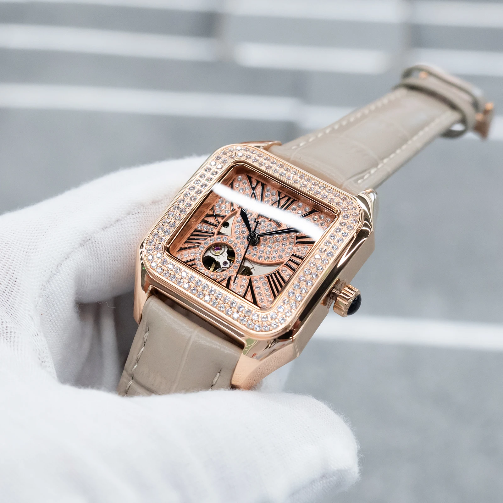 FolliFollie Luxury Women's Rose Gold Diamond Dial Automatic Dress Watch with Roman Numerals Fashion Grey Calfskin Ladies' Watch