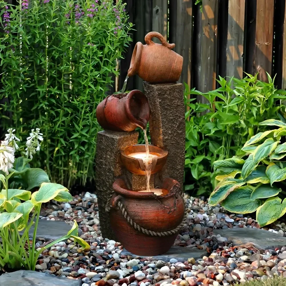 

Outdoor Water Fountain, 32 Inch Cascading Pitchers Farmhouse Outdoor Fountains and Waterfalls with LED Lights