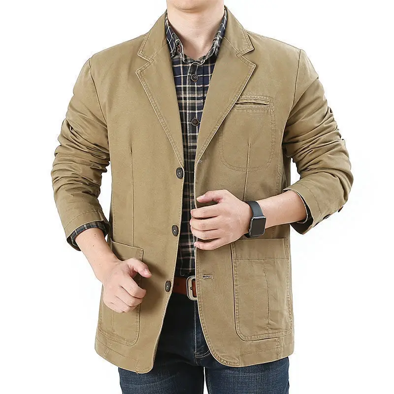 2025 Spring Autumn Blazer Jacket Men Casual Cotton Washed Coat Mens Blazer Suit Jackets Cargo Outerwear Plus Size Coats