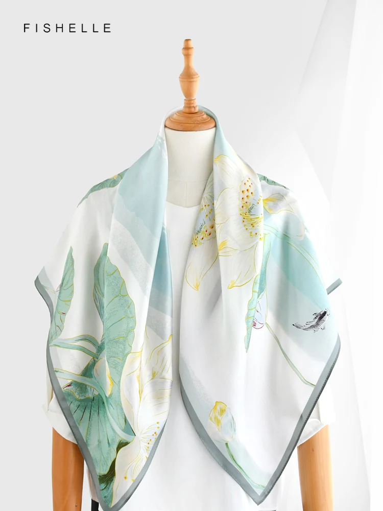 Light green fish lotus 100% natural silk scarf square head scarves luxury gift women wrap bandana hijab shawl 90cm neckerchief