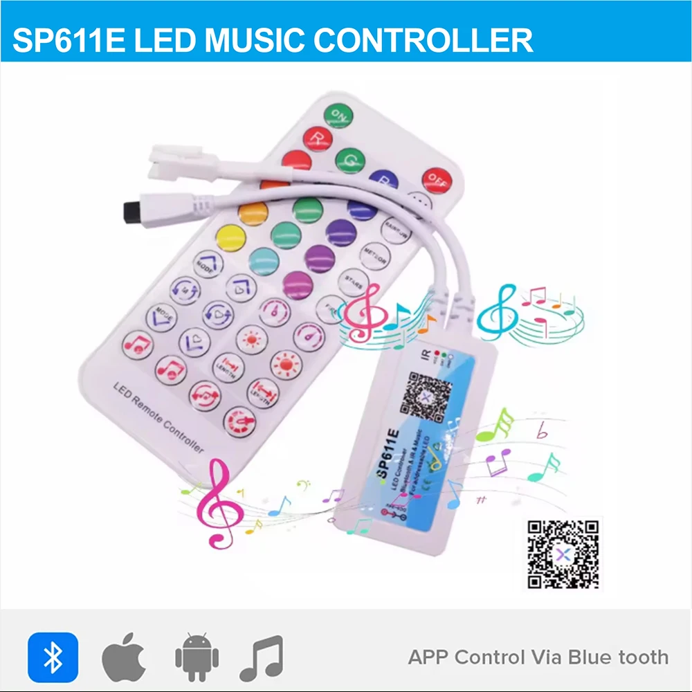 WS2812 WS2811 WS2812B LED Controller SP611E Music Bluetooth App+IR 38Keys Remote Control Built In  Mic 5V-24V