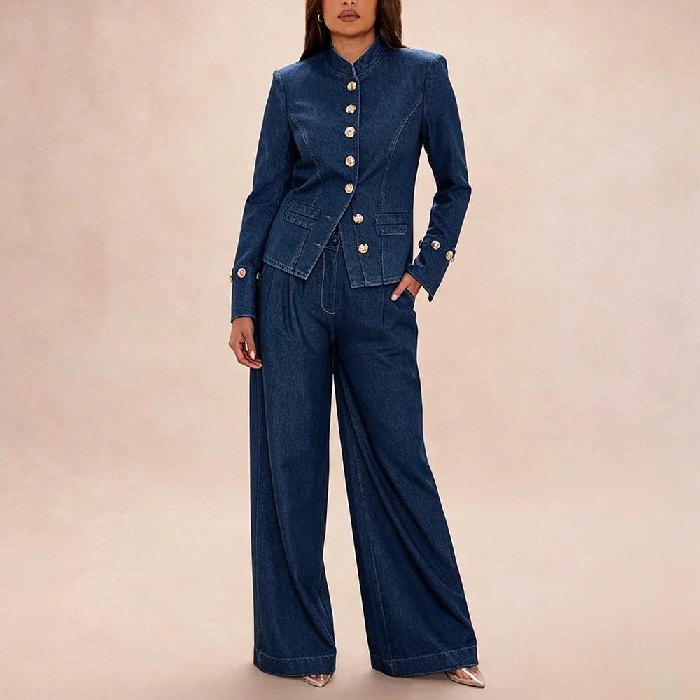 

Chic Women's Stand Collar Denim Suit Casual Streetwear 2 Pieces Jacket+Pants Set Single Breasted Fashion Party Outfit