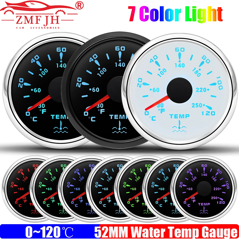 ZMFJH 0-120℃ 52MM Water Temperature Gauge 7 Color Light Water Temp Meter Indicator Waterproof for Auto Car Boat Yacht 12V24V