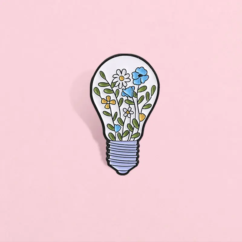 Light Bulb Flower Brooch Creative Light Bulb Blue and White Small Flowers Fresh Plant Accessories Backpack Metal Pin Badge
