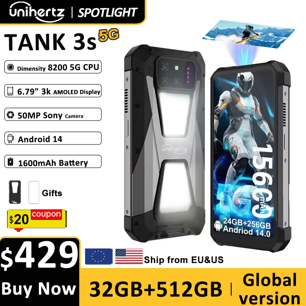 Unihertz tank 3s 8849 powered smartphone with projector 24/32GB 256/512GB Dimension 8200 cellphone 15600mAh 66W phone