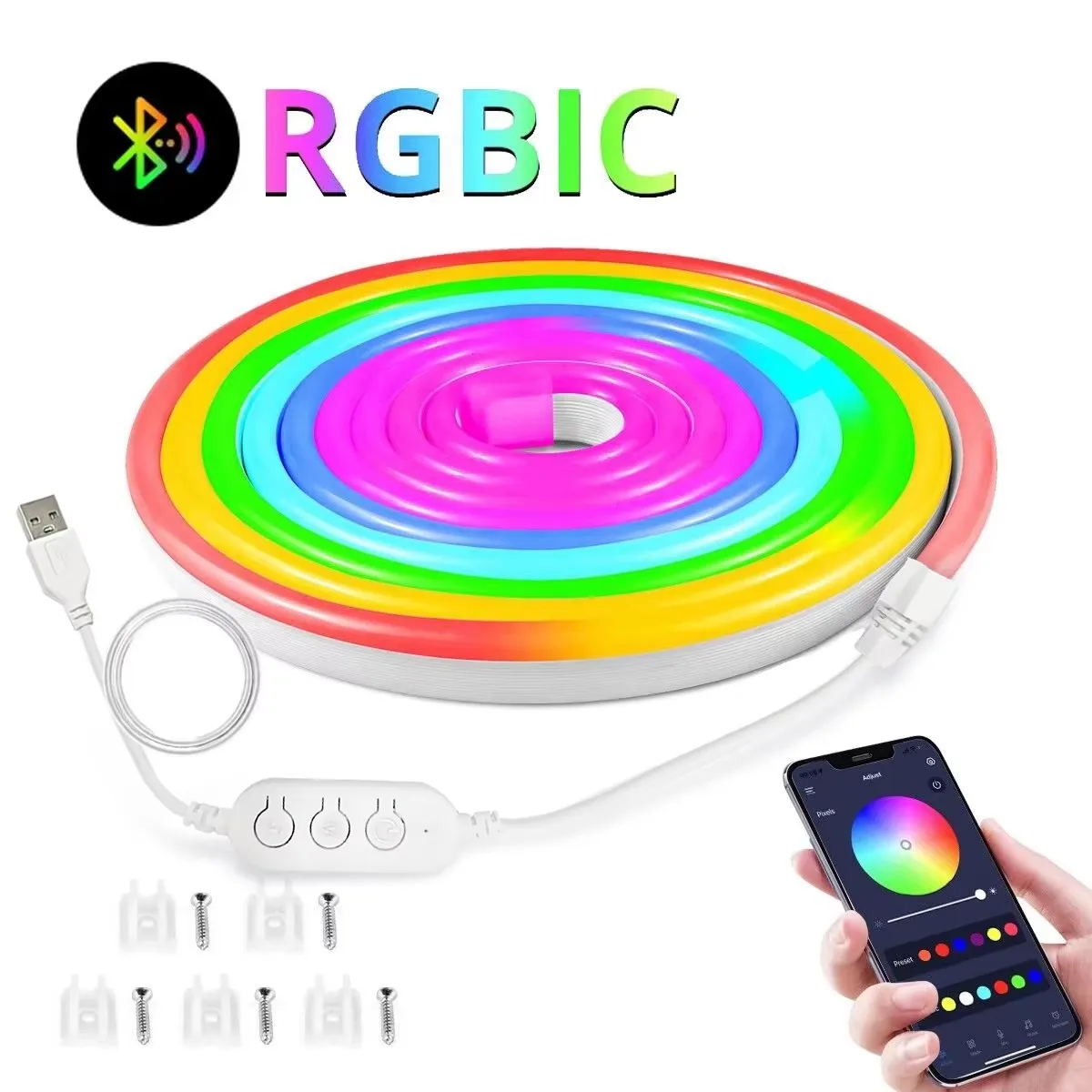 USB RGBIC 5V Neonowa taśma LED Bluetooth Fairy Lights Wodoodporna neonowa taśma LED do oświetlenia dekoracyjnego szafki ściennej w pokoju