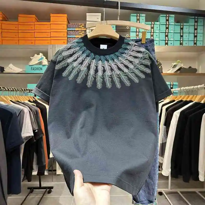 

Футболка унисекс с тяжелой вышивкой и круглым вырезом с короткими рукавами, модный бренд большого размера