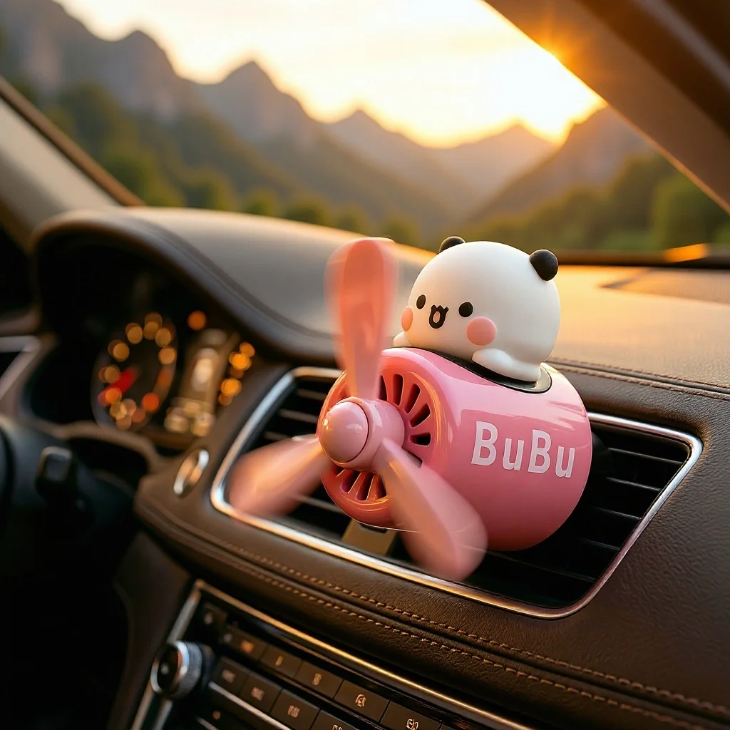 

Car-mounted aroma fan with rotating airplane figurine. Cute cartoon car decoration for online influencers. Aromatic fragrance.