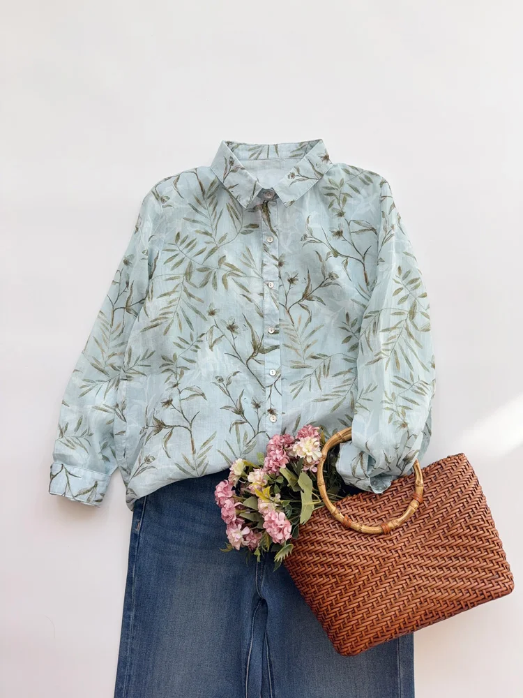 

Artistic Fre Floral Cotton Linen Long Sve Women's irt Autumn Anti-Aging Casual Layering Linen irt Trendy Top