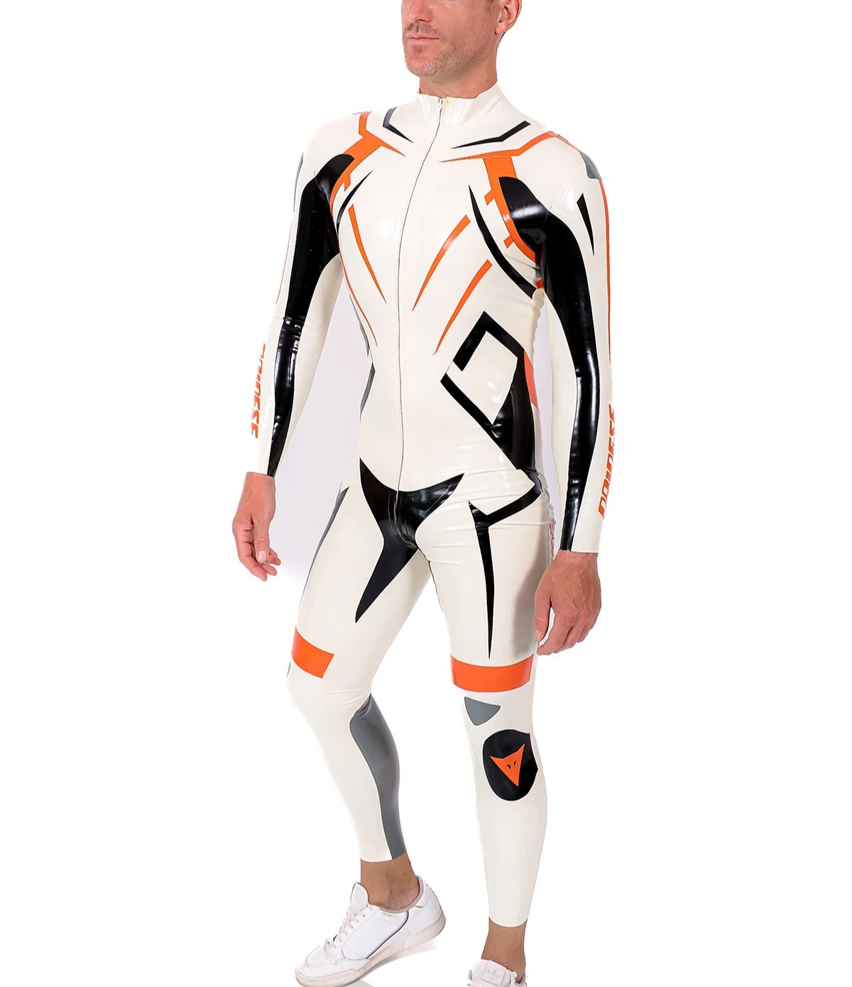 

customized rubber catsuit men's white latex bodysuit orange black accents full body rubber jumpsuit fashion handmade cosplay
