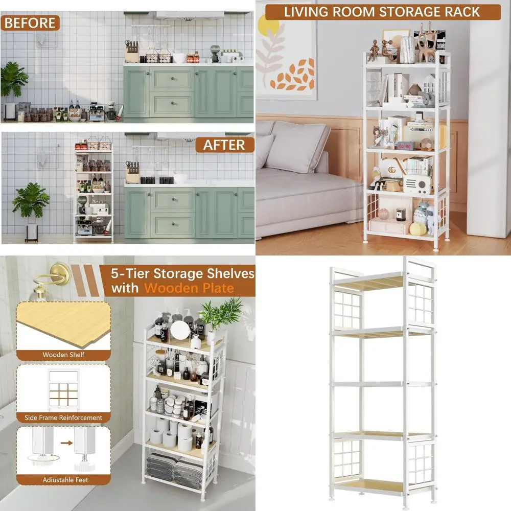 

5-Tier Heavy Duty Metal Pantry Shelves with Wooden Boards, Adjustable Storage for Kitchen, Bathroom, Laundry, White