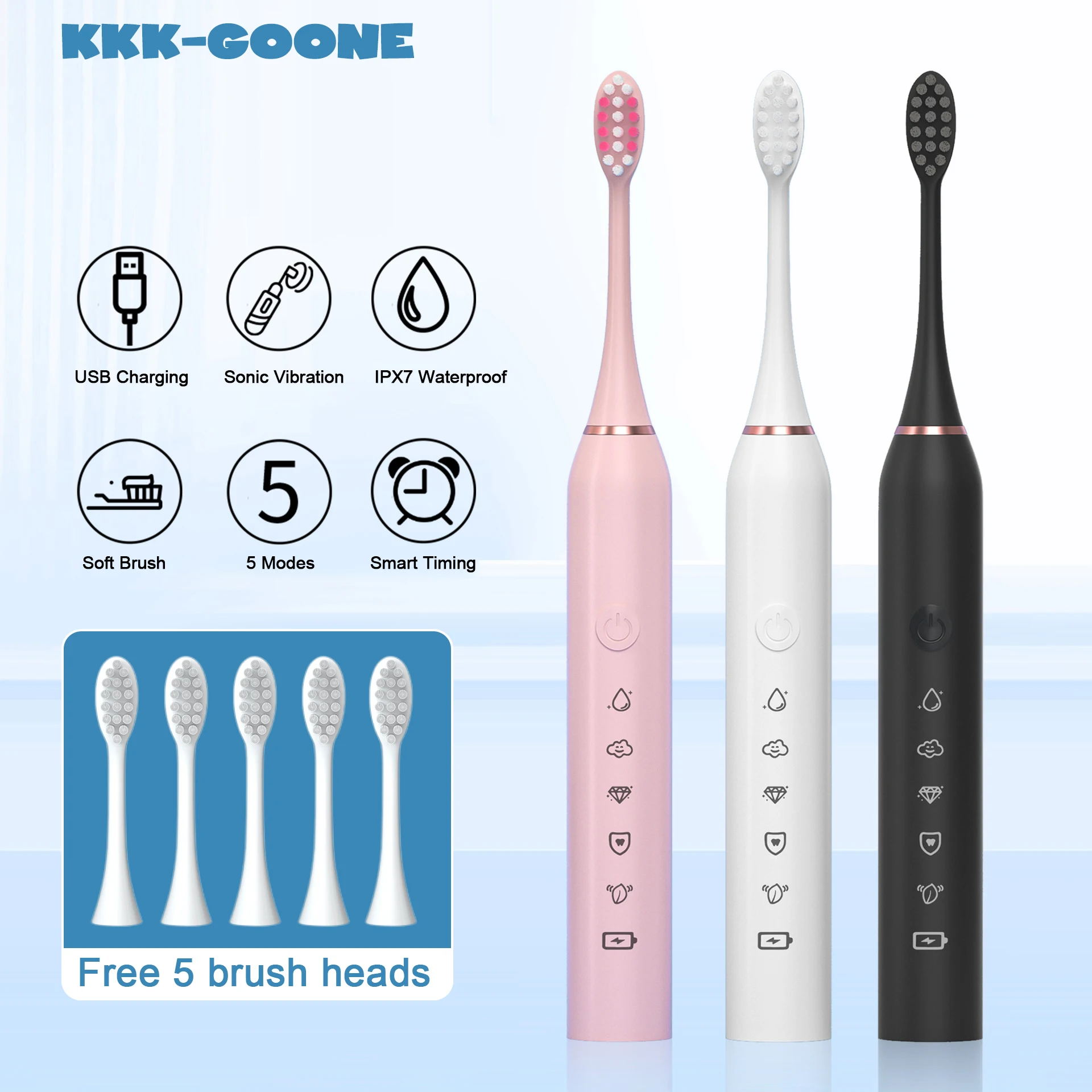 

New 2023 Sonic Electric Toothbrush Adult Timer Brush 6 Mode USB Charger Soft Hair Rechargeable Tooth Brushe Replacement Head Set