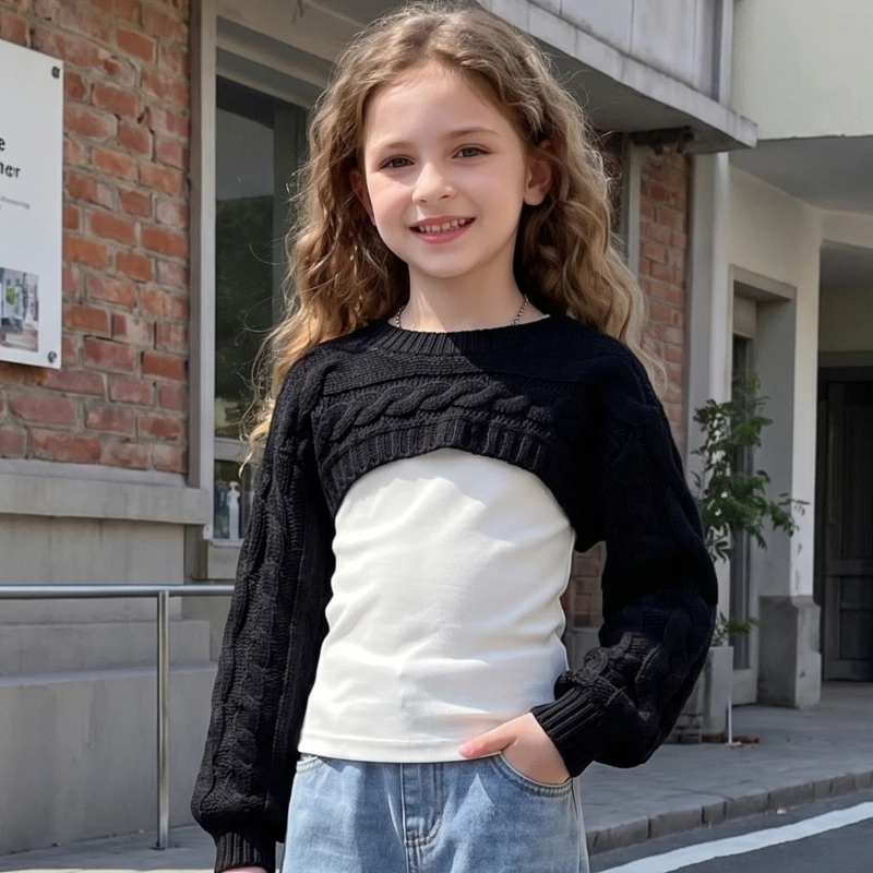 2026 Girls' Autumn and Winter New Round Neck Net Color Fried Dough Twists Short Casual Long Sleeve Knitting Top