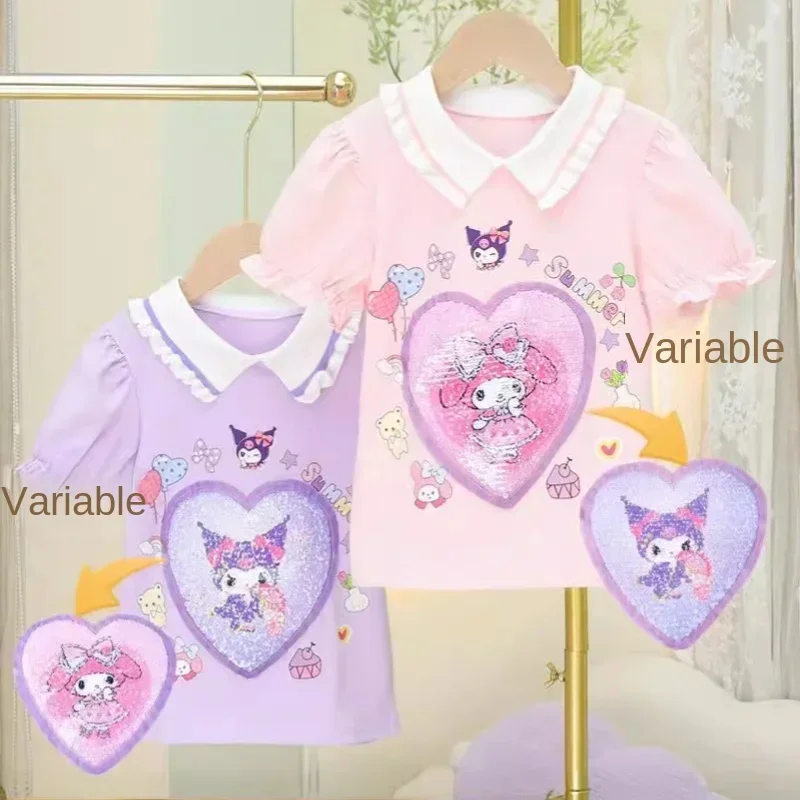 Anime Sanrio Kuromi My Melody Kids Cartoon Short Sleeve Kawaii Girl Cotton T-Shirt Cartoon Variable Color Half Sleeve Tops