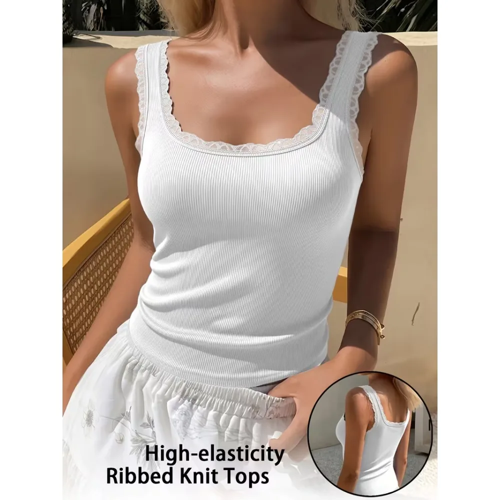 Women Lace Cami Tank Top Solid Color Sleeveless Knit Vest Inner Base Layer Outerwear Home Loungewear Chic Minimalist New