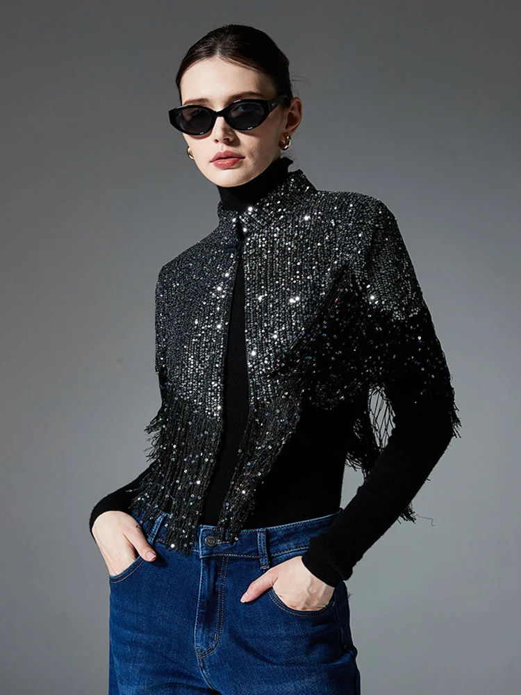 

Женское роскошное блестящее многослойное пончо для вечеринок, винтажное блестящее серебряное шаль с кисточками, короткий плащ, пальто для выпускного вечера, леди