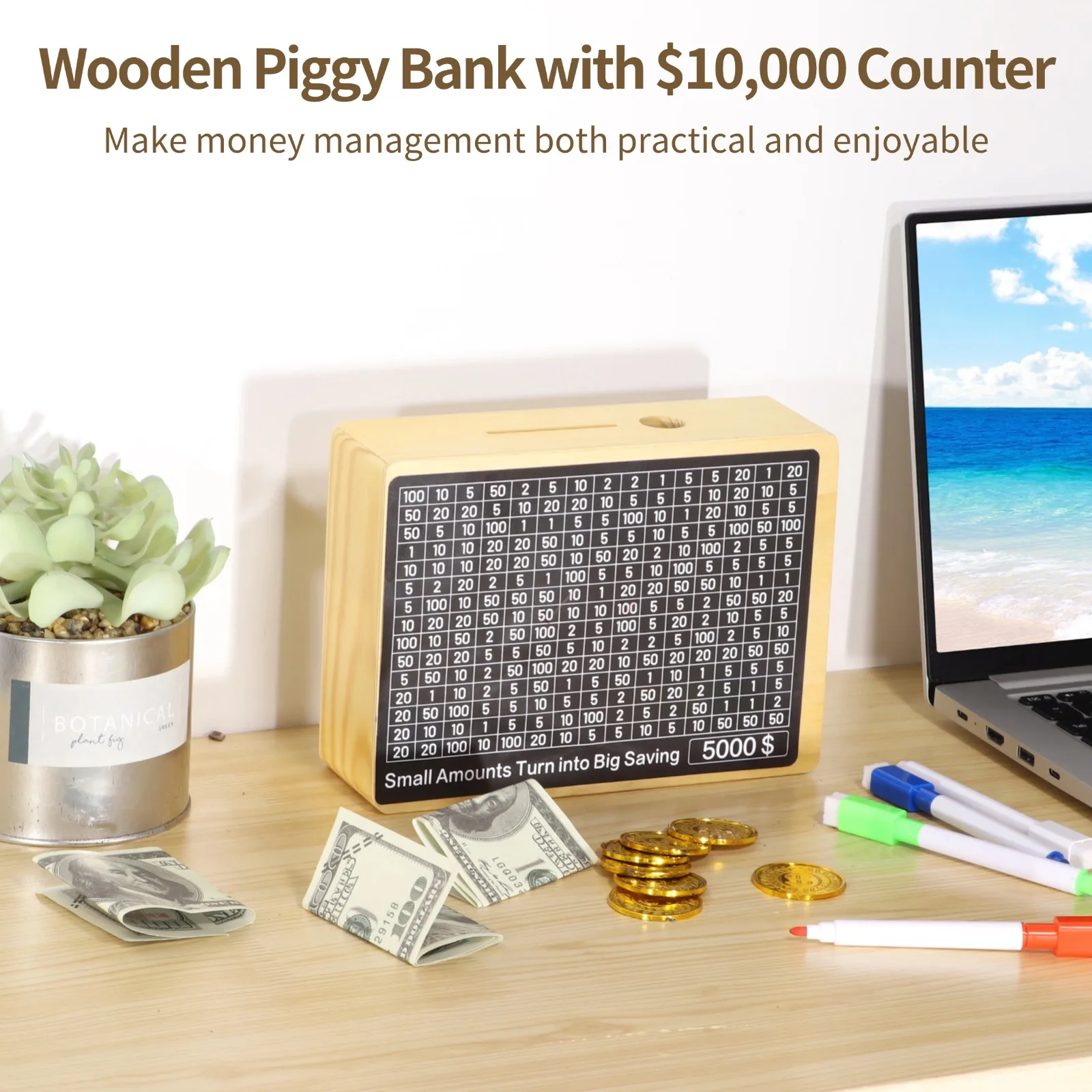 Adults Piggy Bank With Counter Free Amount Goal Number Stickers Wooden Money Box For Cash And Coins Ideal Money Saving Solution