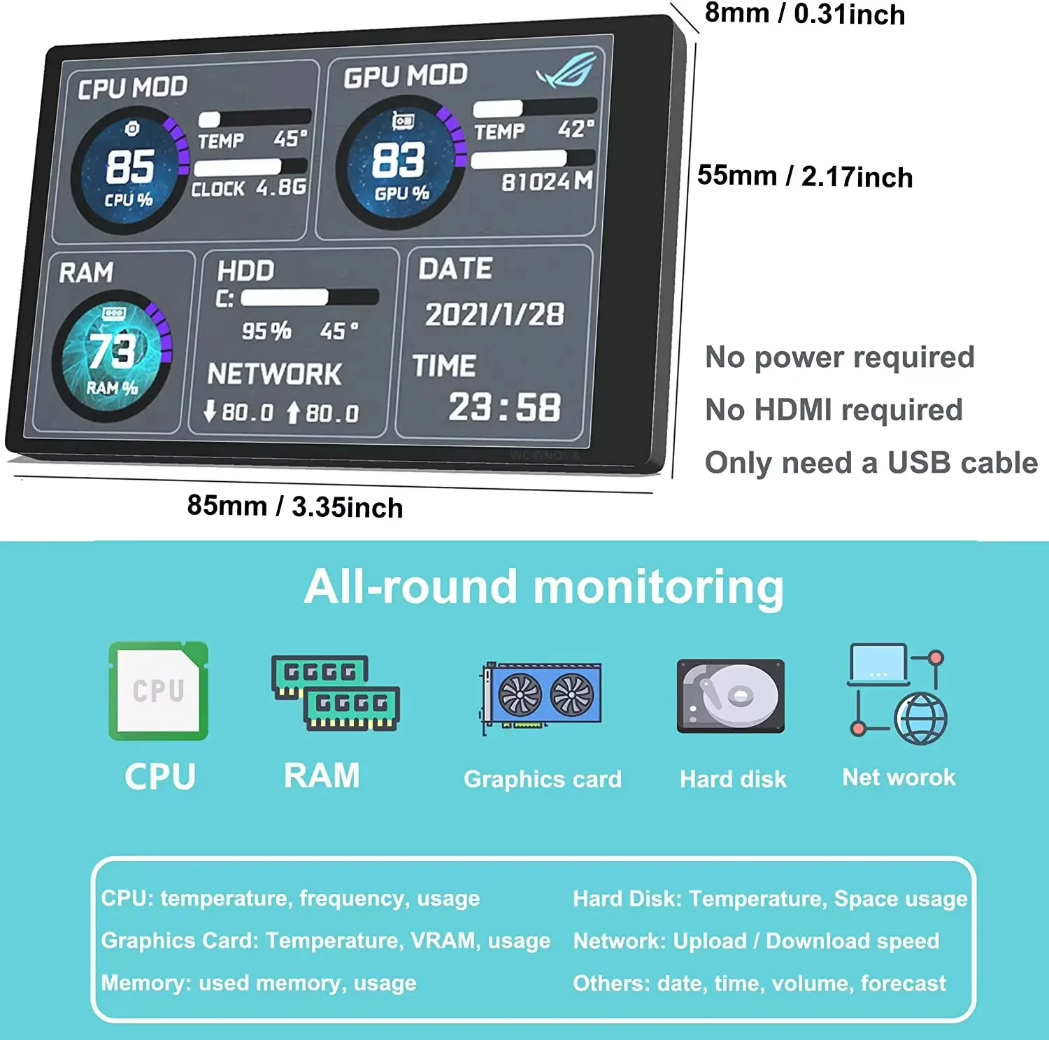 Subpantalla de computadora de 3,5 pulgadas IPS vista completa USB-C chasis subpantalla CPU monitoreo de estado de temperatura de computadora sin AIDA6